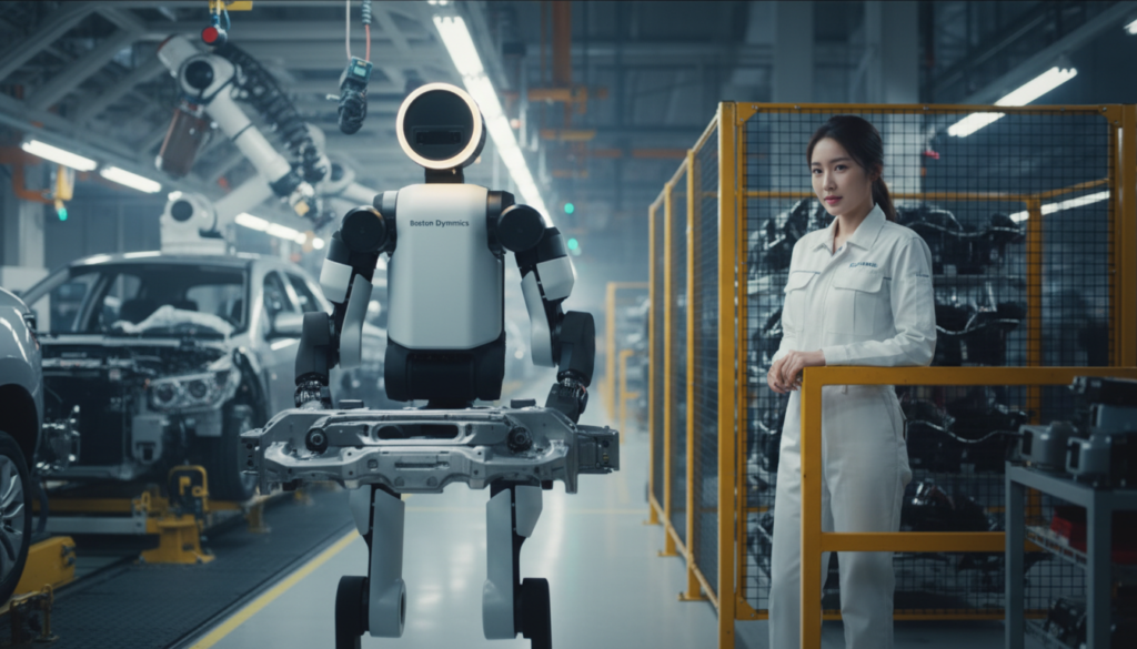 현대차 로봇 아틀라스가 공장에서 부품을 들고 이동하는 모습, 역동적이고 기계적인 분위기