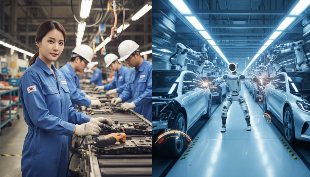 미국 공장과 한국 공장의 생산 라인 비교, 속도감의 차이를 시각화