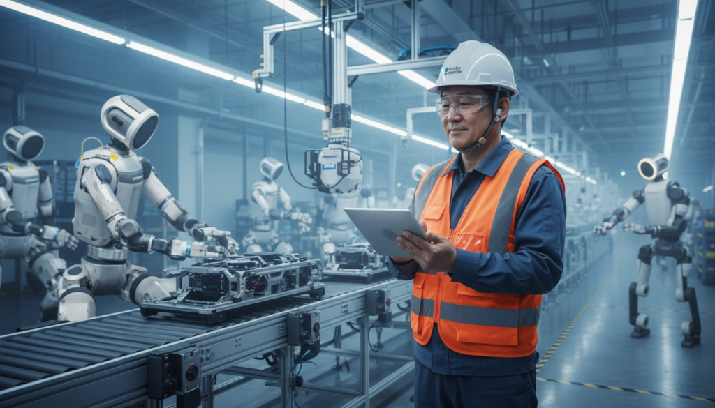 인간 작업자가 태블릿으로 다수의 로봇을 모니터링하고 관리하는 미래 공장 모습