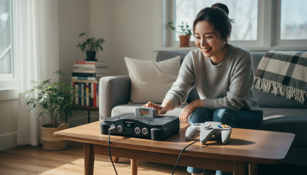 닌텐도64 본체와 독특한 형상의 회색 컨트롤러가 나란히 놓인 모습, 카트리지 슬롯과 전원 스위치 디테일 강조