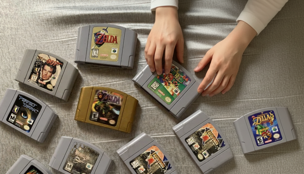 침대 위에 펼쳐진 다양한 닌텐도64 게임 카트리지들(젤다의 전설, 슈퍼마리오 64, 007 골든아이 등)