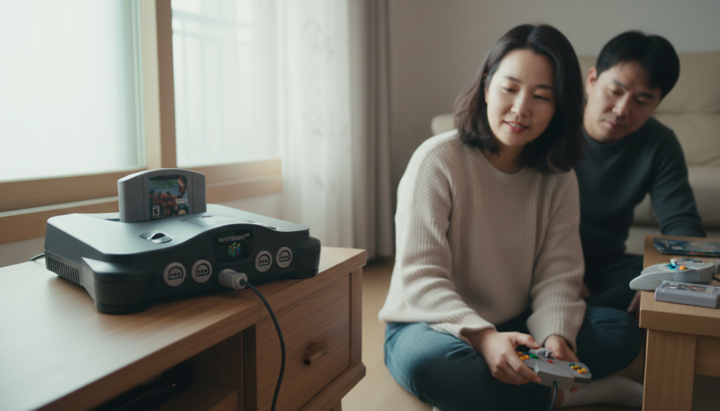 스타폭스 64 카트리지가 꽂혀 있는 닌텐도64 본체의 전면부 모습, 4개의 컨트롤러 포트가 보이는 앵글