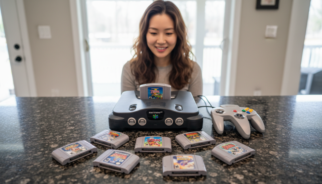 닌텐도64 본체 주변을 둥글게 감싸고 있는 8개의 형형색색 게임 카트리지와 본체의 조화로운 배치