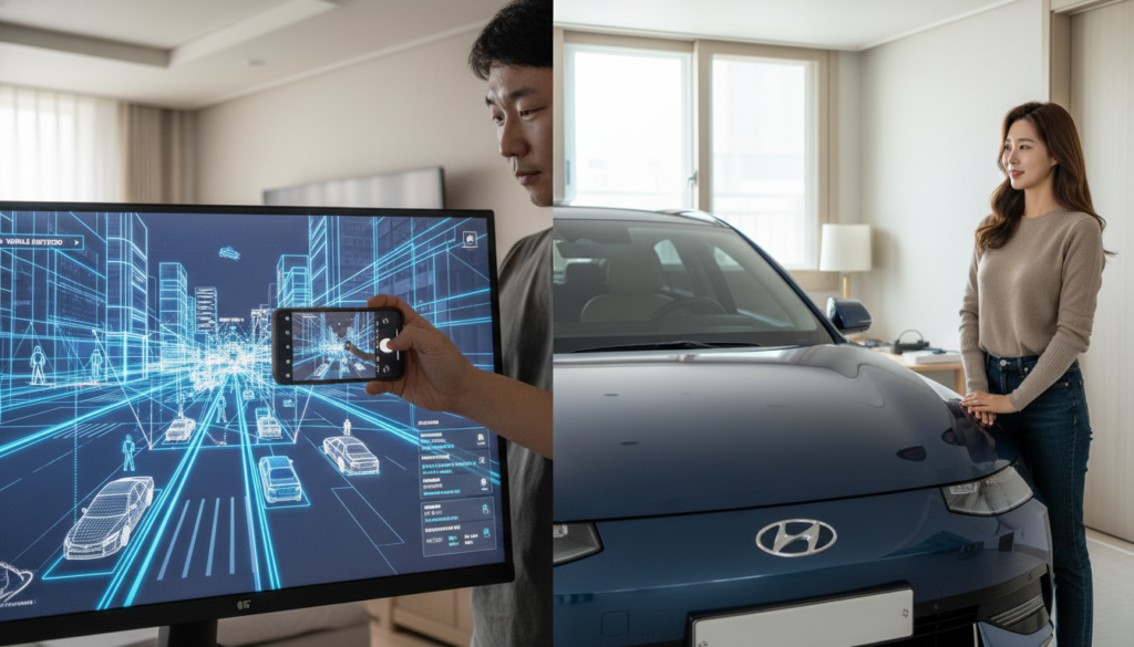 테슬라의 자율주행 기술과 현대차의 엠블럼이 대비되는 이미지