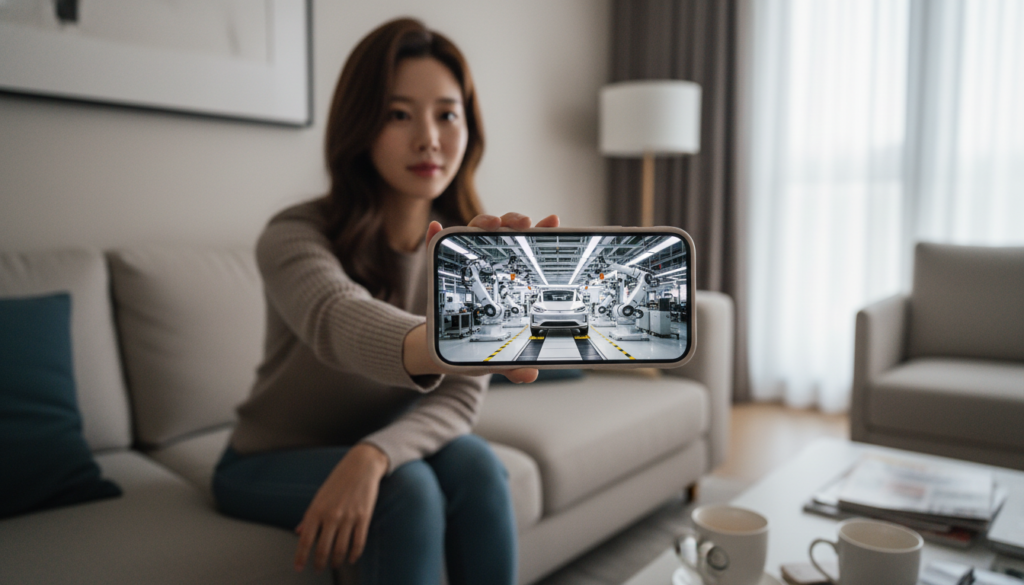 테슬라의 자율주행 기술과 현대차의 엠블럼이 대비되는 이미지