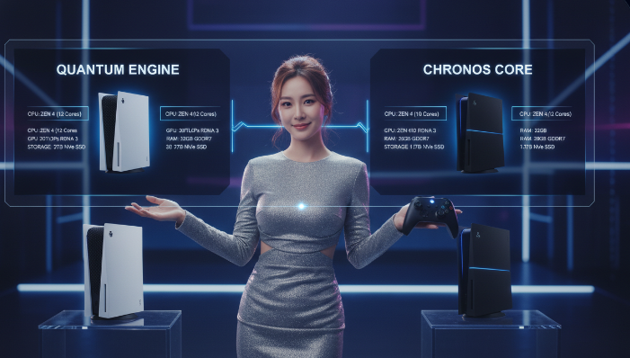 플레이스테이션 5 프로와 차세대 엑스박스의 하드웨어 내부 구조를 비교하는 도표