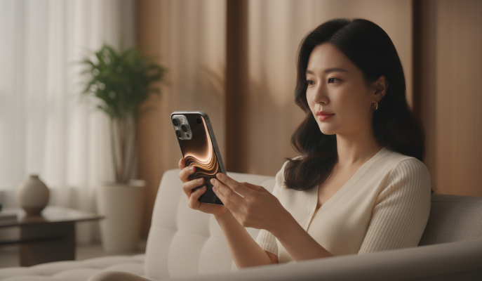 펼쳐진 아이폰 폴드의 내부 디스플레이에 적용된 홀 펀치 카메라와 배경화면 이미지입니다.