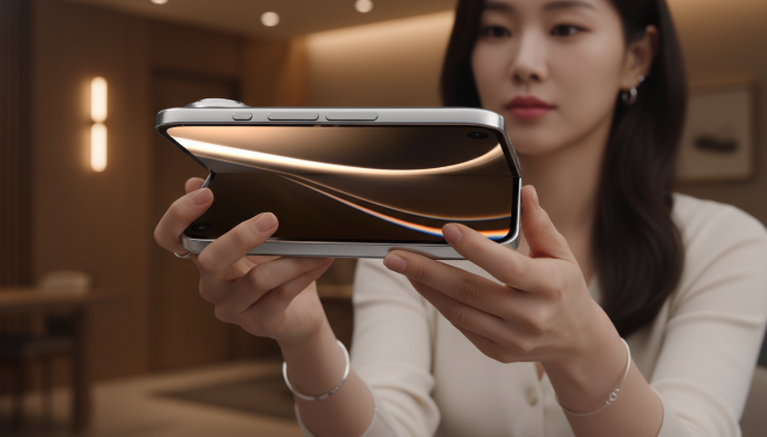 사용자가 아이폰 폴드를 양손으로 쥐고 조작하는 가상의 실사용 모습입니다.
