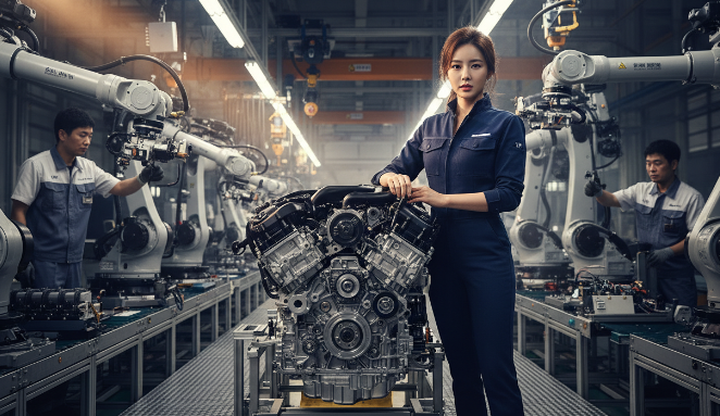 차세대 내연기관 엔진의 정밀한 조립 모습