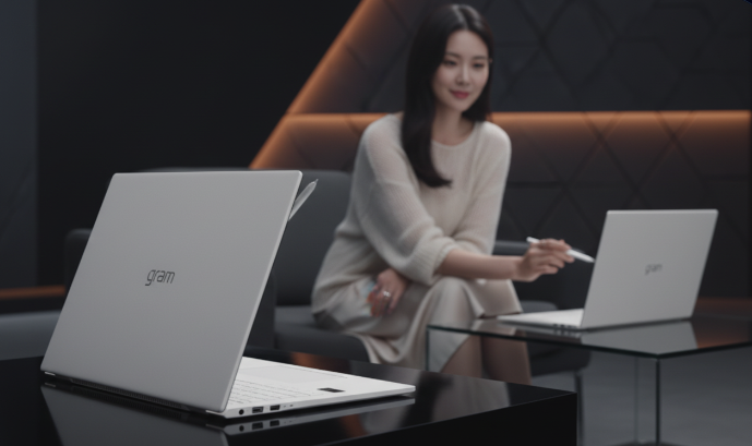 LG 그램 프로 AI의 슬림한 디자인과 에어로미늄 상판의 단단한 질감을 보여주는 컷