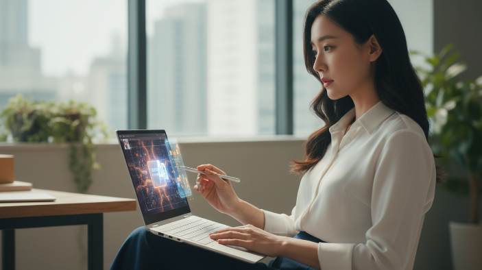 카페나 사무실에서 쾌적하게 작업 중인 사용자의 모습