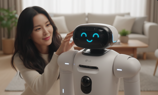  로봇이 전면 디스플레이를 통해 웃는 눈 모양의 이모티콘을 띄우며 사용자와 상호작용하는 근접 샷