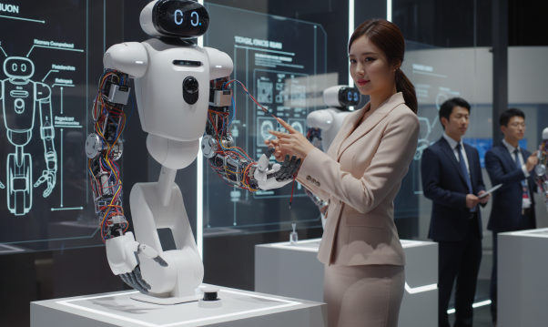 로봇의 관절 부위에 탑재된 액추레이터와 모터들이 복잡하게 얽혀 있는 하우징 내부 구조 전시 모습