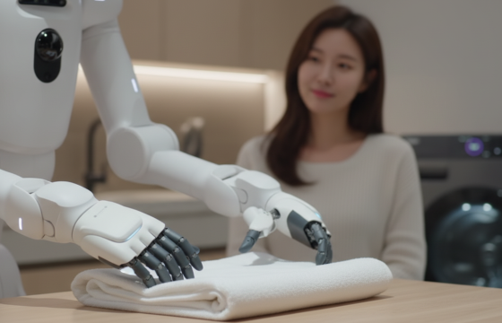 로봇이 정교한 다섯 손가락을 활용하여 흰색 수건을 평평하게 펼치고 접는 동작을 시연하는 장면