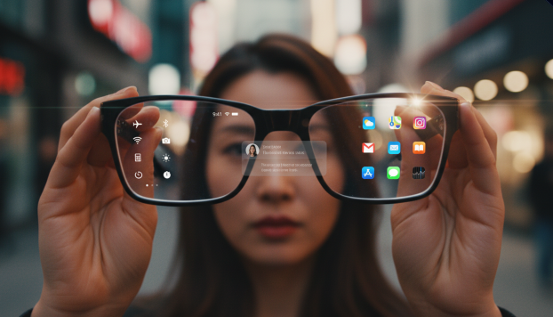 애플 스마트 글래스의 렌즈를 통해 보이는 앱 아이콘들과 알림 정보가 표시된 증강 현실 인터페이스 디자인