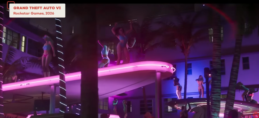 GTA 6 바이스 시티의 야경과 압도적인 군중 밀도가 표현된 장면