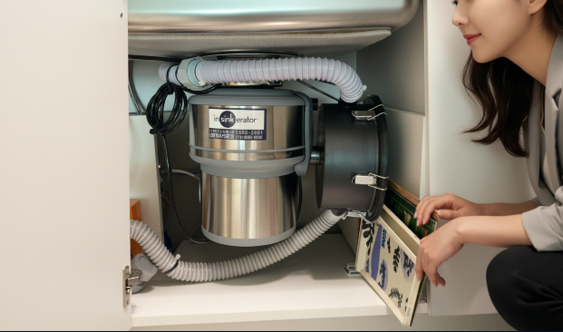 싱크대 하부에 깔끔하게 설치된 인싱크이레이터 본체와 배수관의 모습