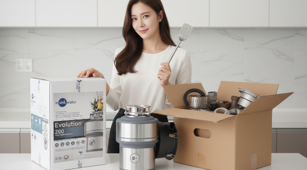 제품 상자와 기존 배수구 부품들을 보관하기 위해 박스에 담아둔 모습