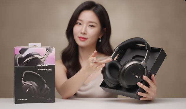 보스 QC 울트라 2세대의 세련된 유광 힌지 디자인과 블랙 색상 제품 패키지 구성